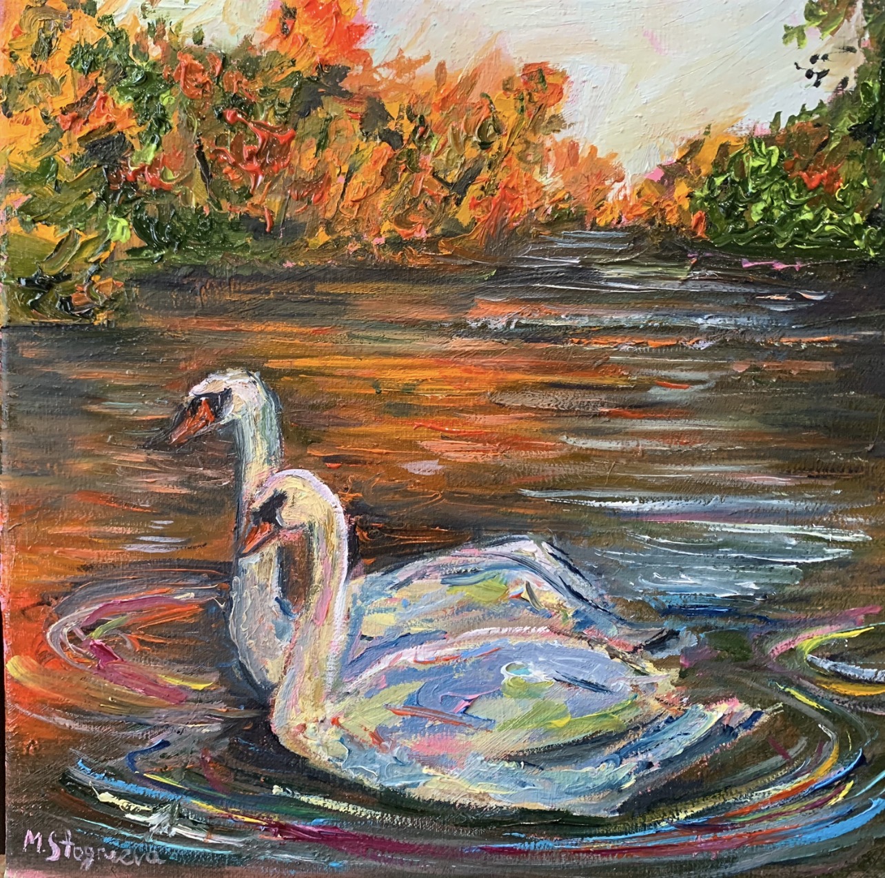 Swans in the Autumn Park — original painting by Marina Stognieva, oil on canvas, 20 × 20 cm, 2020